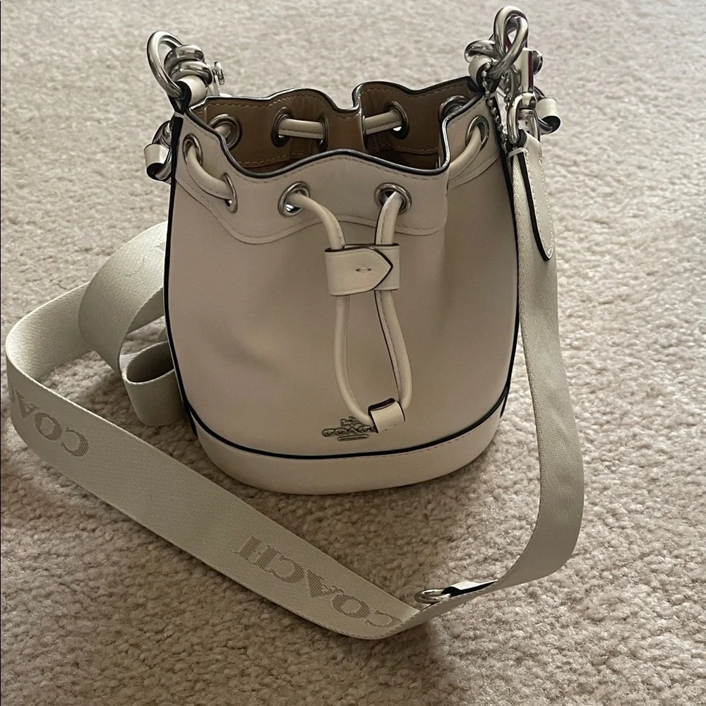Coach Chalk Color Leather Mini Drawstring Bucket Bag with Logo Strap - Picture 2 of 10